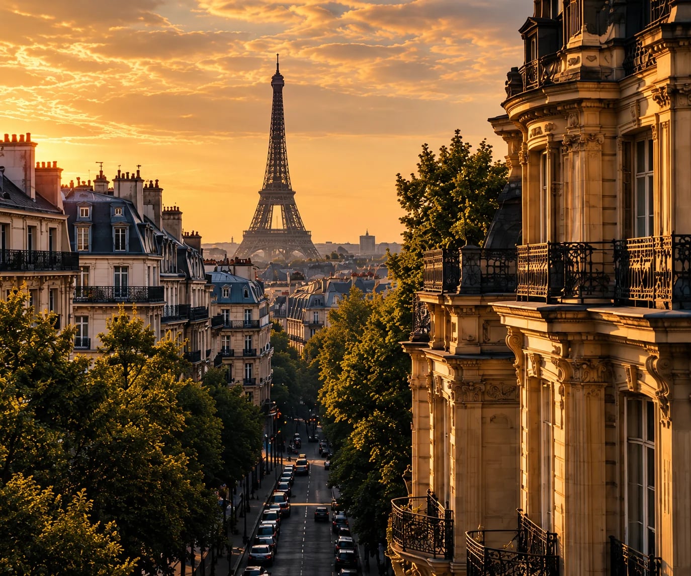 La Torre Eiffel sobre los tejados de París al atardecer